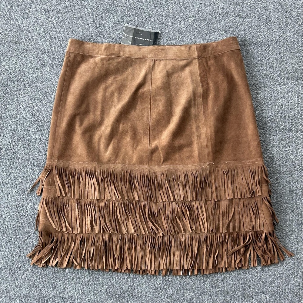 Ralph Lauren Sport RIDGWAY Suede Fringe Skirt Womens 14 Western Boho NWT Vintage